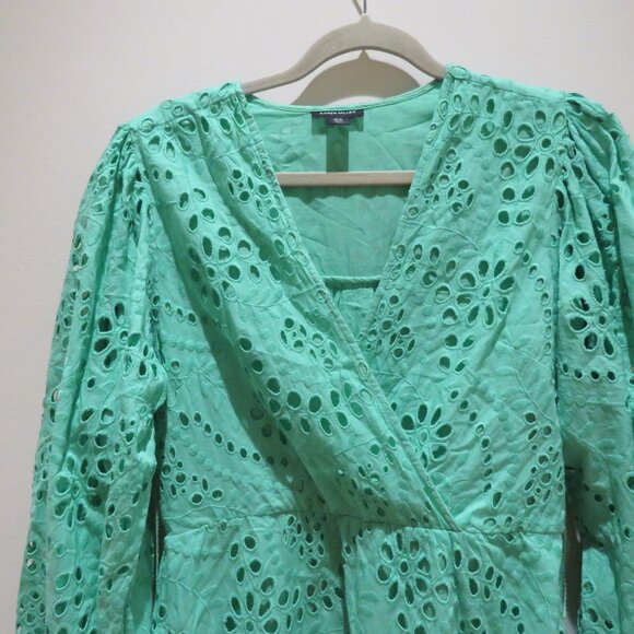 KAREN MILLEN Cotton Broderie Wrap Mini Dress in Mint Green Feminine Preppy Sz 8 - Picture 4 of 14